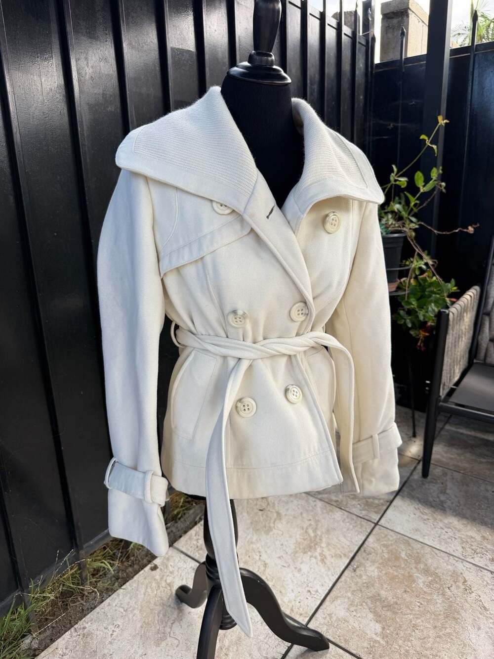 Vtg Marlyn & Me Women's White Wool Blend Belted Pea Coat Jacket Size M